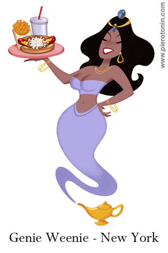 Cartoon: Genie Weenie (medium) by Piero Tonin tagged piero,tonin,genie,hot,dog,dogs,hamburgers,hamburger,magic,lamp,junk,food,fast,new,york,sexy,girl,girls,woman,women,babe,babes,logo,gastronomy