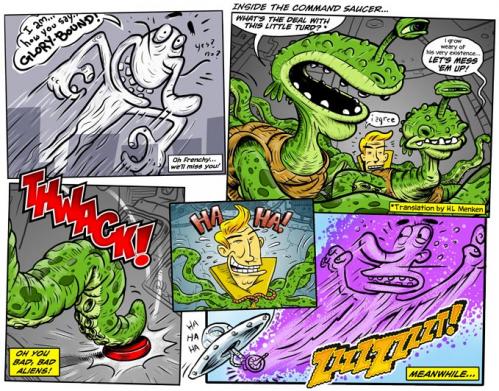 Cartoon: THWACK! (medium) by monsterzero tagged aliens,death,afterlife,flying,saucer,