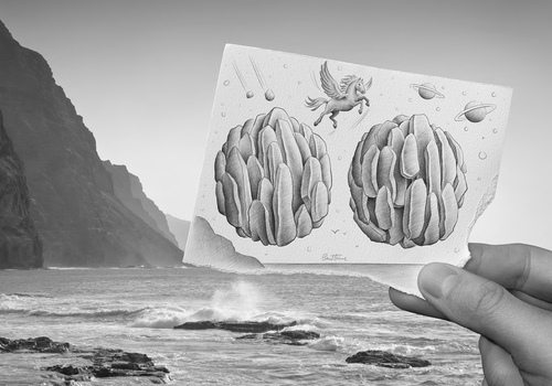 Cartoon: 9 - Pencil Vs Camera for AOC (medium) by BenHeine tagged seaside,mer,ocean,wave,licorne,pegase,pegasus,magritte,inspiration,surrealism,rock,mountain,stone,cliff,falaise,drawing,photography,pencil,vs,camera,pencilvscamera,cape,verde,capeverde,art,ben,heine,benheine,illusion,imagination,reality,afrique,hand,main