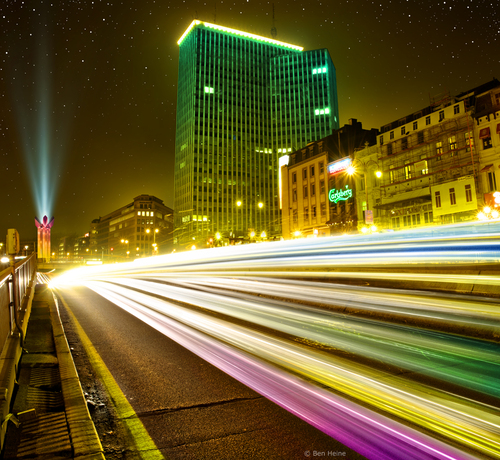 Cartoon: Brussels by Night (medium) by BenHeine tagged belgique,vitesse,lumiere,light,phares,building,exposure,long,kleuren,couleurs,artistery,the,art,architecture,street,colors,photography,benheine,brussels