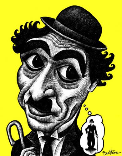 Cartoon: Charlie Chaplin (medium) by BenHeine tagged charlie,chaplin,legend,usa,humour,the,dictator,film,actor,mime,mise,en,abime,comique,laugh,acteur,icon,charlot,character,uniform,costume,fake,identity,modest,funny,drole,unique,makeup,personnage,fiction,movie,entertainment,ben,heine,controverse,caricature