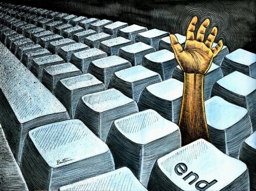 Cartoon: ICT Overdose (medium) by BenHeine tagged keyboard,clavier,ben,heine,touche,end,computer,ict,technologies,lost,die,hand,type,bras,main,fingers,doigts,taile,size,tackling,my,ordinateur,future,people,struggle,strive,write,communicate,poem,battre,robot,ship,puce,modern,peter,quinn,alphabet,hacker,ti