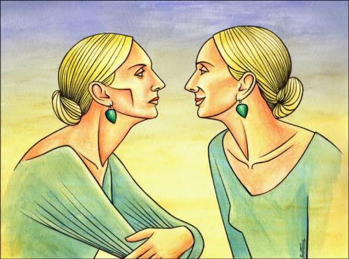 Cartoon: Looking at Myself (medium) by BenHeine tagged phenomenalwoman,mayaangelou,angelou,benheine,heine,fashion,magdalena,madzia,poland,marcinbondarowicz,bondarowicz,lie,beauty,pretty,lips,mirror,step,face,illusion,watercolour,coleur,contrast,opposition,poet,cute,beaute,blond,blonde,pure,innocent,