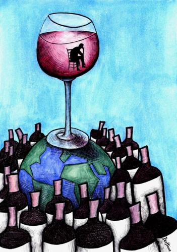 Cartoon: Lost Alcohol (medium) by BenHeine tagged poem,alcoholism,wine,assuetude,dependance,world,lost,blood,man,sit,bottles,red,high,tipsy,happiness,glass,verre,transparent,atmosphere,perdu,spirit,earth,terre,gather,rassembler,group,continents,anonym,alone,ben,heine,