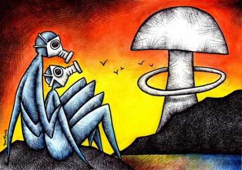 Cartoon: Nuclear Love (medium) by BenHeine tagged nuclear,power,energy,fission,fusion,explosion,mask,gaz,love,beings,cloud,birds,mushroom,gasmask,future,modern,benheine,art,traditional,painting,champignon,kern,amour,blast,peace,war,lake,water,pollution,umweltverschmutzung,bodies,flesh,radiation,disease,