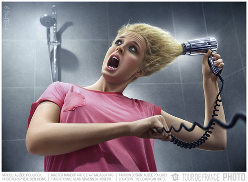 Cartoon: Oops (medium) by BenHeine tagged benheine,digitalpainting,photography,bathroom,woman,scream,oops,funny,reverse,dryer,hair