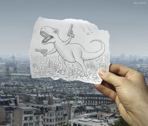 Cartoon: Pencil Vs Camera - 10 (medium) by BenHeine tagged pencil,vs,camera,ben,heine,traditional,digital,battle,drawing,photography,art,montmartre,hill,paris,france,dinosaur,guns,glocks,apocalypse,genesis,irony,fingers,half,architecture,mise,en,abyme,conceptual,new,series,eyes,optical,illusion,animal,2d,3d,build