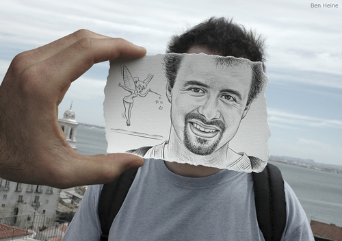 Cartoon: Pencil Vs Camera - 25 (medium) by BenHeine tagged pencil,vs,camera,imagination,reality,drawing,photography,ben,heine,creative,portrait,face,fee,clochette,tinkerbell,fairy,sebastien,walt,disney,man,homme,friendship,seaside,sac,dos,traveller,aventurier,bouc,hand,conceptual,art