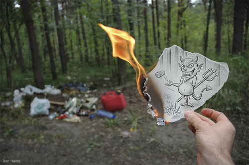 Cartoon: Pencil Vs Camera - 27 (medium) by BenHeine tagged ben,heine,creative,devil,diablotin,drawing,vs,photography,earth,planet,ecology,environment,fire,feu,flamme,forest,green,imagination,pencil,camera,pollution,trash,littering,burn,dechets,evil,illustration,care,hand,main,series