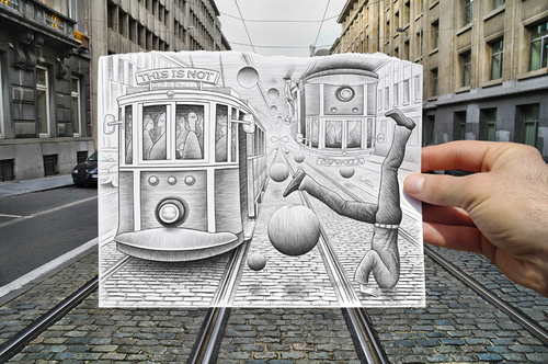 Cartoon: Pencil Vs Camera - 35 (medium) by BenHeine tagged pencil,vs,camera,35,ben,heine,benheine,imagination,reality,brussels,belgium,tramway,transport,surrealism,art,series,paper,hand,creative,photography,drawing,dessin,tram,stib,mivb,old,street,vanishing,point,infinity,disorder,chaos,inception,tracks,rails,bal