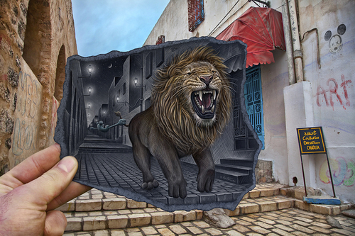 Cartoon: Pencil Vs Camera - 63 (medium) by BenHeine tagged escape,run,king,animal,sousse,tunisia,perspective,street,lion,black,beta,betaversion,illusion,series,creative,paper,augmentedreality,benheine,pencilvscamera,sketch,augmented,surrealism,reality,imagination,photography,drawing,heine,ben,art,camera,vs,pencil