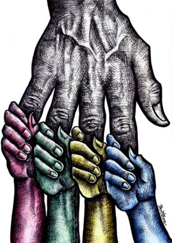 Cartoon: Solidarity (medium) by BenHeine tagged solidarity,help,colours,origins,hand,love,hatred,benetton,skin,peau,couleurs,colors,united,together,hold,tenir,amour,peace,world,ensemble,fingers,main,tomorrow,palm,blue,yellow,red,green,hopes,origin,always,child,enfant,future,progeny,ofspring