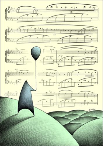 Cartoon: The Melody of Life (medium) by BenHeine tagged herecomesmymelody,poem,melodie,melody,heart,ballon,outside,landscape,paysage,nowhere,soul,ame,soft,dream,reve,droom,emotions,sentimental,freedom,activate,look,horizon,hills,sing,chant,corn,footstep,nature,harmony,poeme,beat,rhythm,ab,petersquinn,benheine,