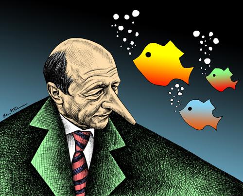 Cartoon: Traian Basescu (medium) by BenHeine tagged traian,basescu,europe,america,romania,bucharest,president,question,caricature,nose,fish,eyes,ben,heine,country,
