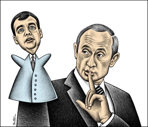 Cartoon: Vladimir Putin - Dmitri Medvedev (medium) by BenHeine tagged vladimirputin,putin,dmitrimedvedev,medvedev,benheine,russia,democracy,presidential,elections,puppet,president,democratie,peace,boss,game,jeu,shhh,shut,transition,prime,minister,outcome,reubenfjohnson,opinion,redaction,editorial,famouspeo