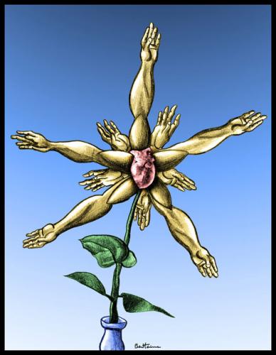 Cartoon: Waiting to Bloom (medium) by BenHeine tagged anatomy,hand,arm,bras,main,corps,body,human,surreal,rose,heart,leaf,dada,crazy,fleur,rise,grow,grandir,petale,pedal,daisy,colors,bloom,bright,skin,science,free,faller,poem,muscle,fingers,atom,explosion,blast,