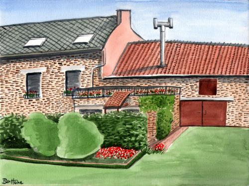 Cartoon: Watercolour Landscape Study 6 (medium) by BenHeine tagged watercolour,landscape,study,ben,heine,painting,colors,aquarelle,peinture,bush,buisson,windows,structure,tuiles,countryside,green,vert,roof,speed,briques,yellow,house,architecture,facade,flowers,fleurs,garden,jardin,braives,belgium,sky