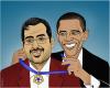 Cartoon: Al-Zaidi Awarded by Obama (small) by BenHeine tagged ben heine mary sparrowdancer political art shoe man muntadar al zaidi us medal of freedom usa iraq irak war journalist courageous brave chaussure historic rensecom pf flyers barack obama president government washington lame duck award george bush recompen