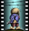 Cartoon: Handala Witness (small) by BenHeine tagged mohammed,omer,rafah,today,handala,photographer,palestinian,symbol,palestine,israel,photo,roll,photography,camera,alone,sole,solely,tragedy,homeless,families,witness,barbled,wire,fils,barbeles