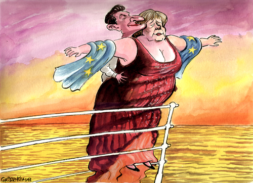 Cartoon: EURO -Titanic (medium) by Christo Komarnitski tagged euro,titanic,europe,angela,merkel,france,sarkozy