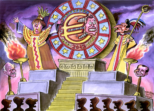Cartoon: EURO Mayan Calendar (medium) by Christo Komarnitski tagged sarkozy,france,merkel,angela,europe,euro