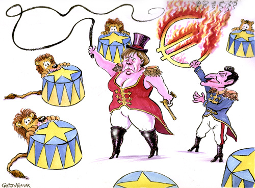 Cartoon: EURO Tamer (medium) by Christo Komarnitski tagged euro,eu,europe,angela,merkel,sarkozy