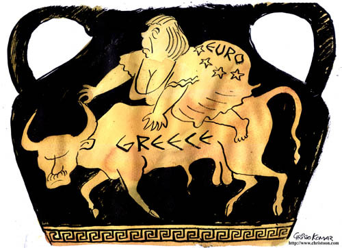 Cartoon: Greece and Europe (medium) by Christo Komarnitski tagged eu,greece,euro,merkel,europe,bull