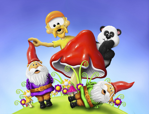Cartoon: Tipping Gnomes (medium) by SuperSillyStudios tagged mischieveous,tipping,mushroom,panda,elf,gnome
