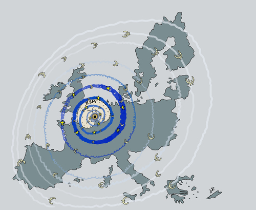 Cartoon: ESM das schwarze A.... Loch (medium) by Anitschka tagged esm,fiskalpackt,eu,europa,euro,geld,system,zerfall,schwarzes,loch