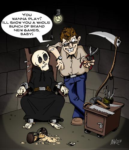 Cartoon: Dont fear the Reaper (medium) by Harlekin1979 tagged death,tod,dead,tot,grim,reaper,illness,religious,horror,sensenmann,schnitter,skull,scull,schädel,bones,torture,folter,abu,ghureib,sense,