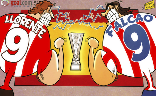Cartoon: 2011-2012 Europa League Final (medium) by omomani tagged atletico,madrid,bilbao,europa,league,falcao,llorente