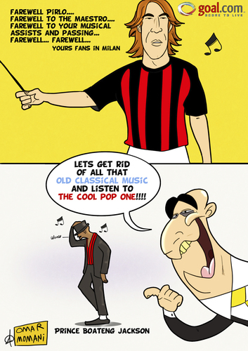 Cartoon: A Farewell to Pirlo (medium) by omomani tagged pirlo,galliani,kevin,prince,boateng,michael,jackson,ac,milan