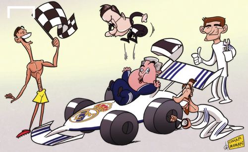 Cartoon: Ancelotti in the driving seat (medium) by omomani tagged ancelotti,casillas,cristiano,ronaldo,perez,ramos,real,madrid