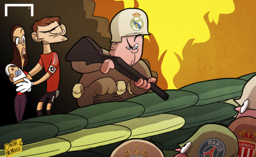 Cartoon: Ancelotti wages war to keep Iker (medium) by omomani tagged ancelotti,casillas,manchester,city,monaco,paris,saint,germain,real,madrid,sara,carbonero