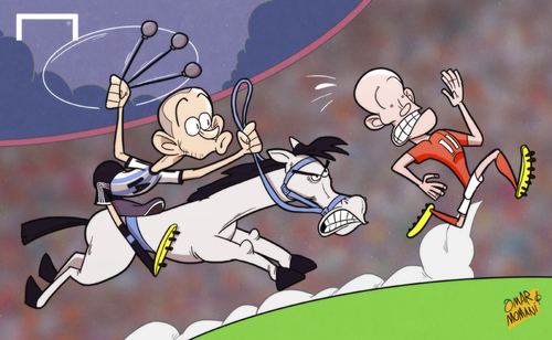 Cartoon: Argentina hustle Netherlands out (medium) by omomani tagged argentina,arjen,robben,javier,mascherano,netherlands,world,cup,2014