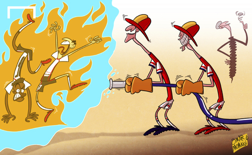 Cartoon: Arsenal extinguish the SAS (medium) by omomani tagged arsenal,daniel,sturridge,laurent,koscielny,liverpool,per,mertesacker,premier,league,suarez,wenger