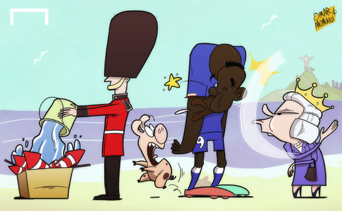 Cartoon: Balotelli fails England (medium) by omomani tagged balotelli,england,italy,queen,elizabeth,world,cup,2014