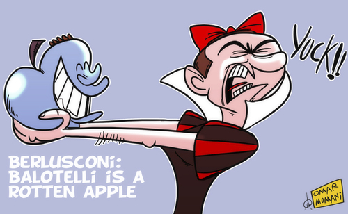 Cartoon: Balotelli is a rotten apple (medium) by omomani tagged ac,milan,apple,balotelli,berlusconi,manchester,city,snow,white
