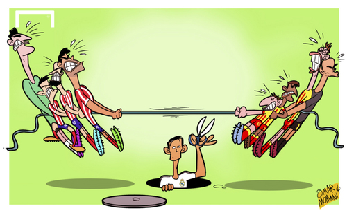 Cartoon: Barca and Atletico all square (medium) by omomani tagged arda,turan,atletico,madrid,barcelona,cristiano,ronaldo,diego,costa,la,liga,messi,neymar,pique,real,thibaut,courtois,victor,valdes,villa