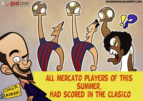 Cartoon: Barcas Mercato (medium) by omomani tagged barcelona,brazil,chile,fabregas,guardiola,la,liga,marcelo,real,madrid,sanchez,spain