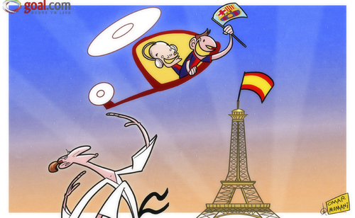 Cartoon: Barcelona stars return (medium) by omomani tagged barcelona,champions,league,eiffel,tower,ibrahimovic,iniesta,messi,paris,saint,germain,spain