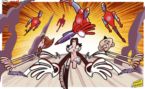 Cartoon: Bayern men show their mettle (medium) by omomani tagged arturo,vidal,bayern,munich,buffon,champions,league,iron,man,juventus,pirlo