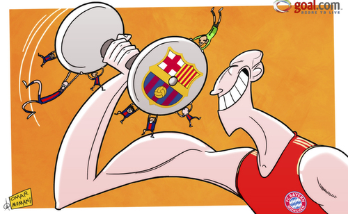 Cartoon: Bayern Munich too strong (medium) by omomani tagged arjen,robben,barcelona,bayern,munich,champions,league