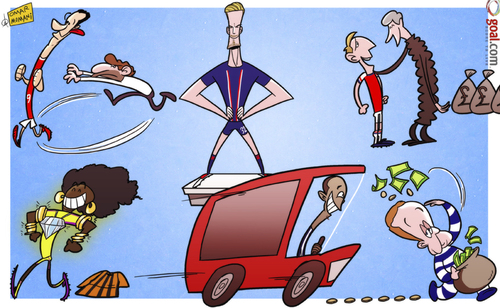 Cartoon: Beckham takes centre stage (medium) by omomani tagged anzhi,makhachkala,arsenal,david,beckham,internacional,leandro,damiao,nacho,monreal,paris,saint,germain,peter,odemwingie,qpr,redknapp,shakhtar,donetsk,tottenham,villas,boas,wenger,willian