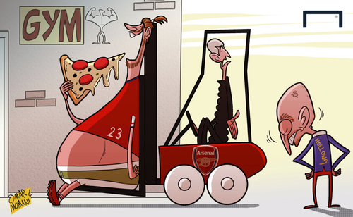 Cartoon: Bendt out of shape (medium) by omomani tagged arsenal,crystal,palace,ian,holloway,nicklas,bendtner,wenger