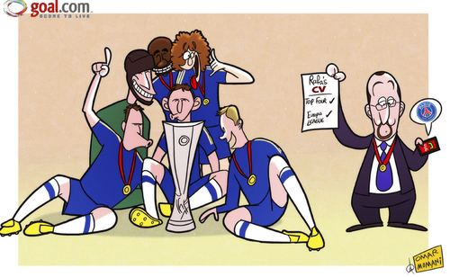 Cartoon: Benitez bolsters CV (medium) by omomani tagged branislav,ivanovic,cech,chelsea,david,luiz,europa,league,lampard,rafael,benitez,ramires,torres