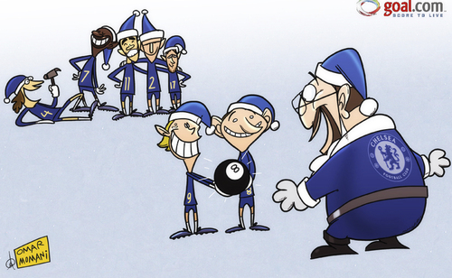 Cartoon: Benitez little helpers (medium) by omomani tagged branislav,ivanovic,chelsea,david,luiz,elve,hazard,lampard,oscar,premier,league,rafael,benitez,ramires,santa,claus,torres