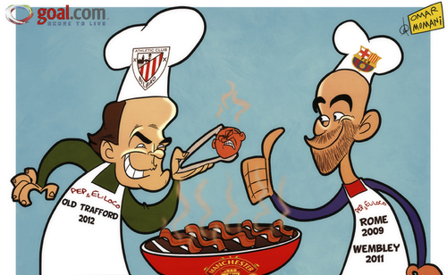 Cartoon: Bielsa and Guardiola grill (medium) by omomani tagged argentina,bilbao,england,europa,league,ferguson,guardiola,la,liga,manchester,united,marcelo,bielsa,premier,scotland,spain