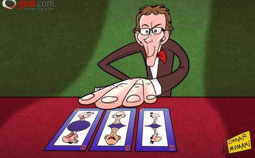 Cartoon: Blanc puts his Euro 2012 cards (medium) by omomani tagged blanc,nasri,benzema,ribery,euro,2012,france