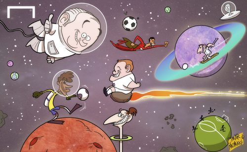 Cartoon: Blatter predicts interplanetary (medium) by omomani tagged argentina,blatter,brazil,cristiano,ronaldo,england,ibrahimovic,messi,neymar,portugal,rooney,sweden